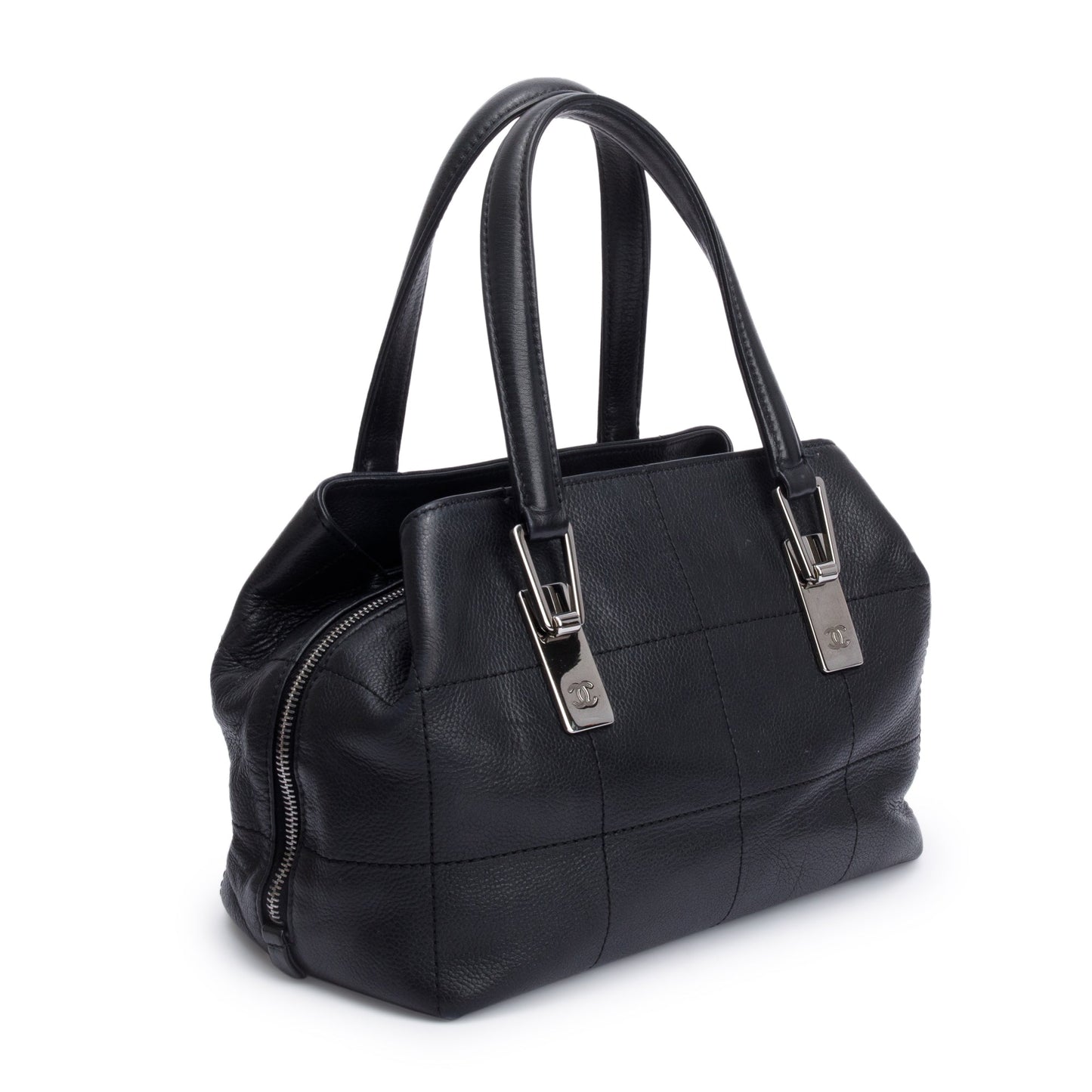 Chanel Vintage Black Square Quilted Leather CC Logo Boston Bag