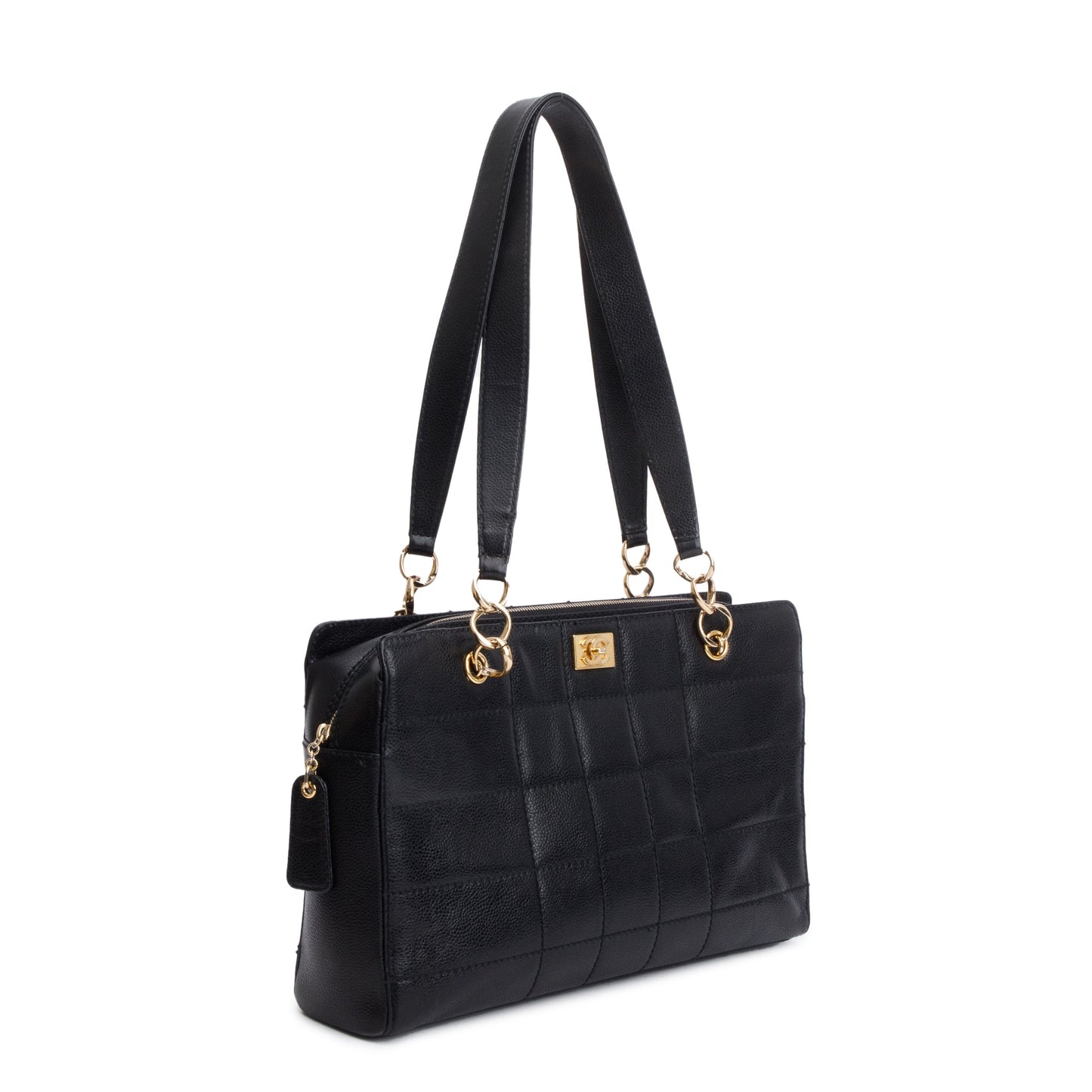 Chanel Vintage Black Stitched Chocolate Bar Quilted Caviar Leather  Zip Tote