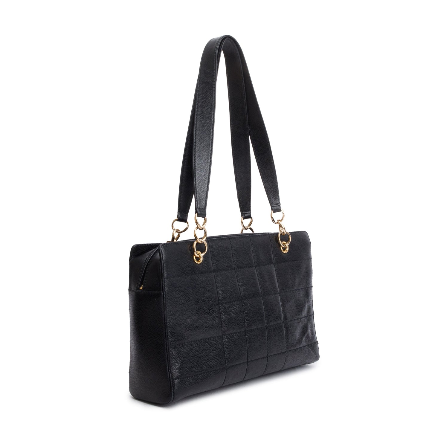 Chanel Vintage Black Stitched Chocolate Bar Quilted Caviar Leather  Zip Tote