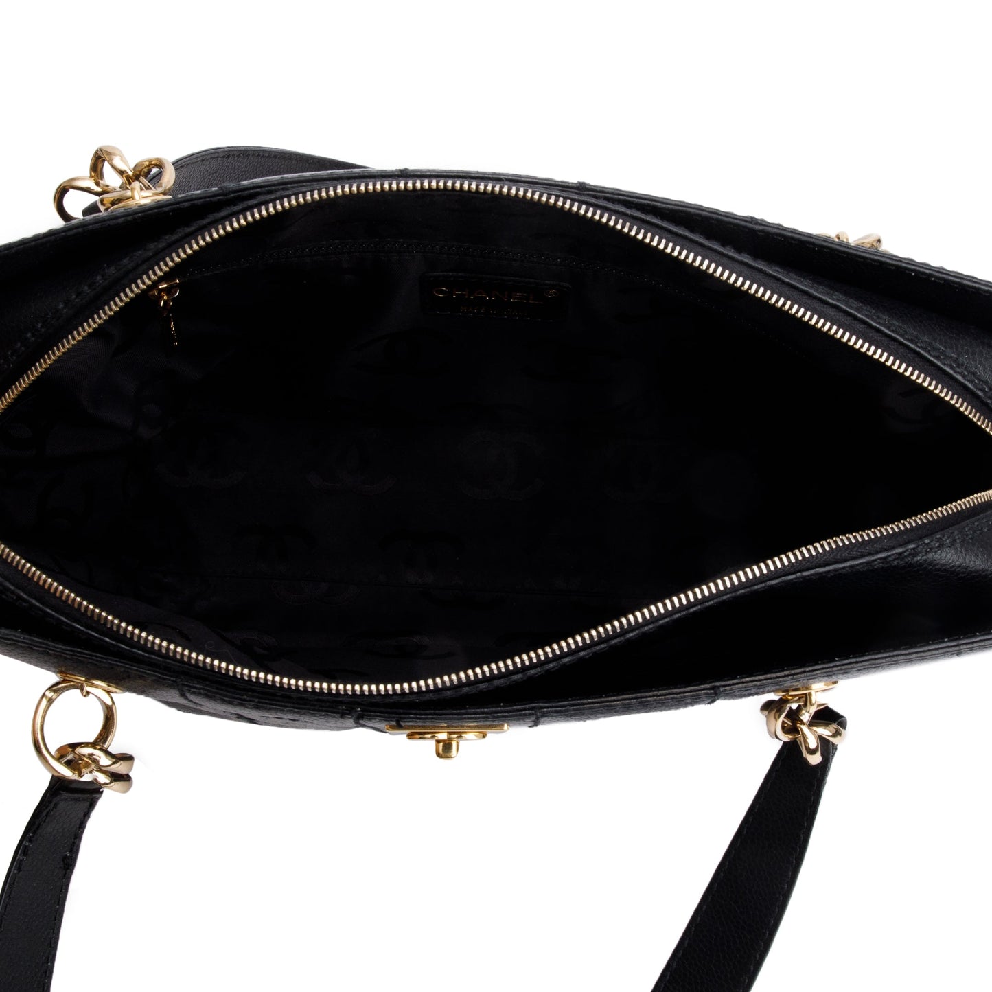 Chanel Vintage Black Stitched Chocolate Bar Quilted Caviar Leather  Zip Tote
