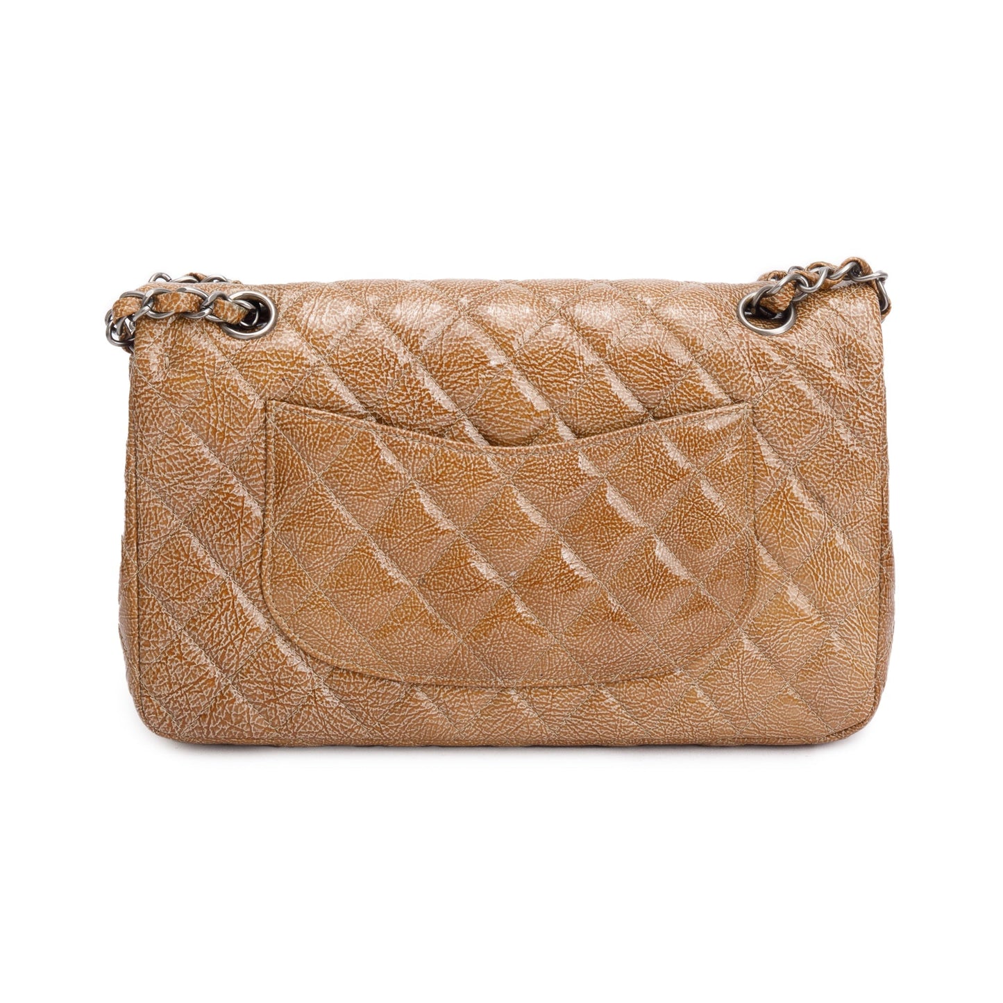 Chanel Vintage Brown Crinkled Patent Leather Classic Medium Double Flap Bag