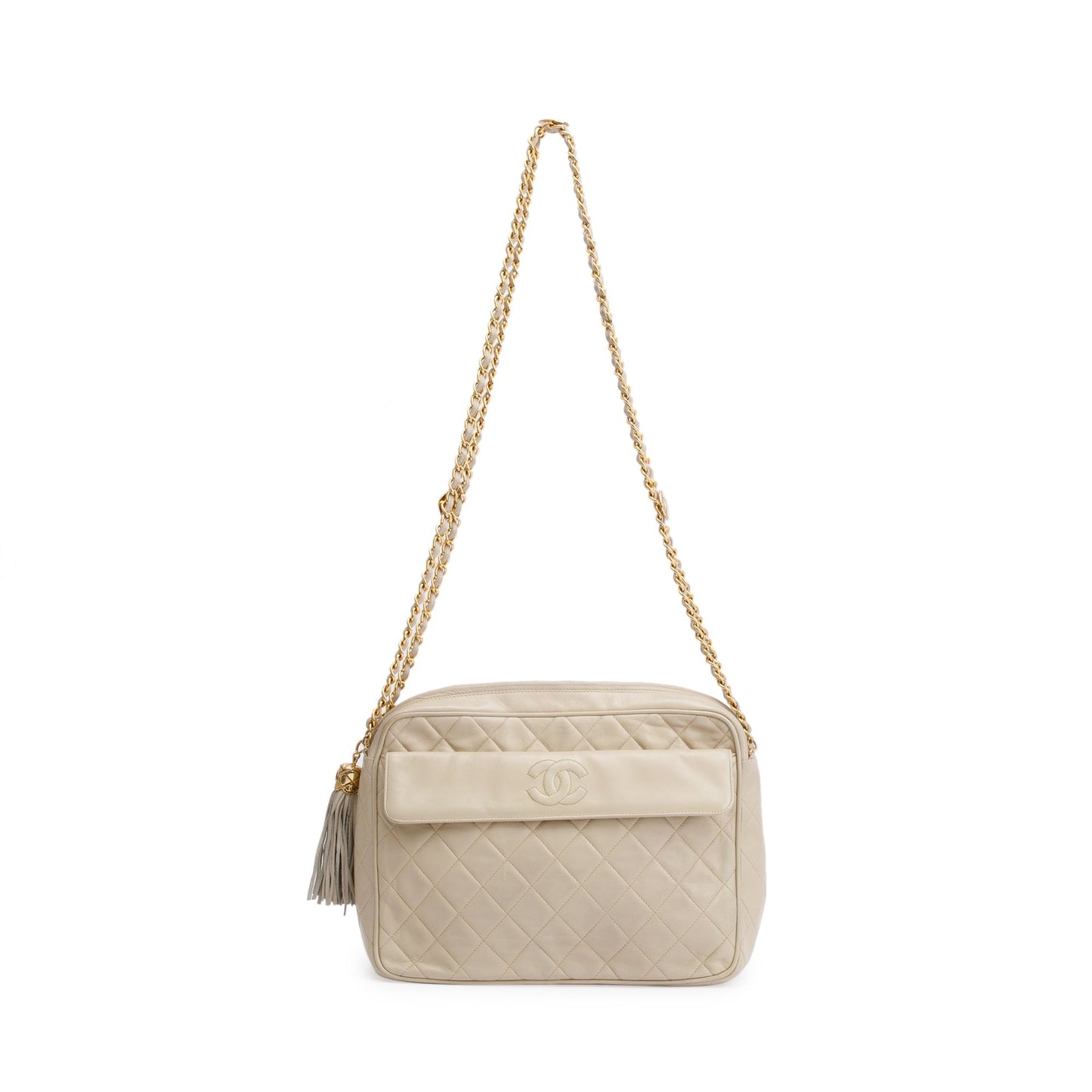Chanel Vintage Neutral Quilted Lambskin Leather CC Tassel Camera Bag