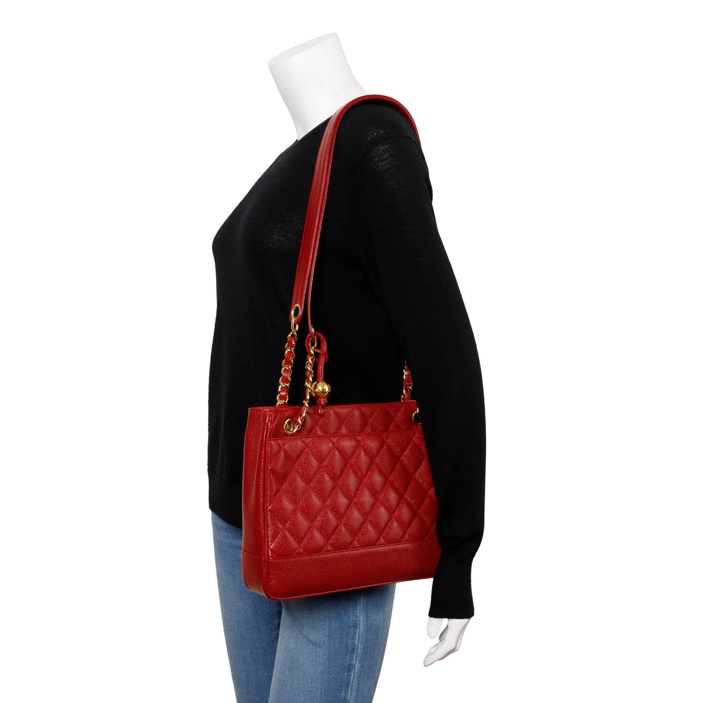 Chanel Vintage Red Caviar Leather Chain Tote