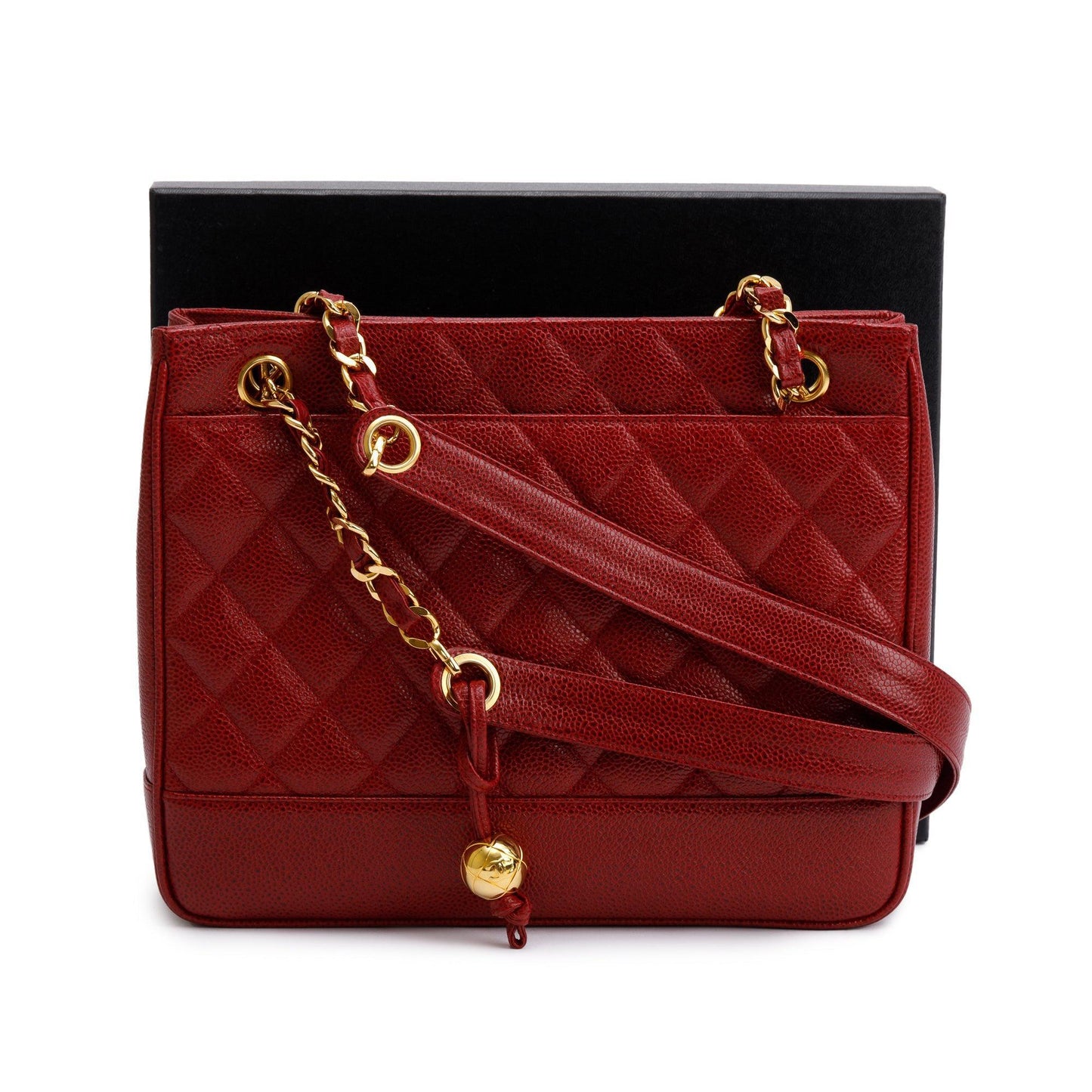 Chanel Vintage Red Caviar Leather Chain Tote