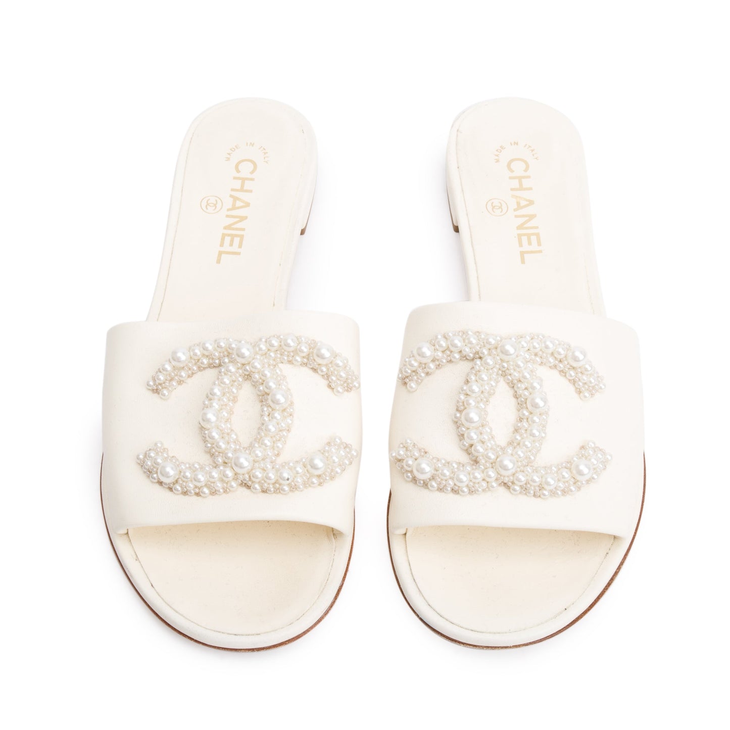 Chanel White Calfskin Leather Faux Pearl CC Slide Sandals, Size 40