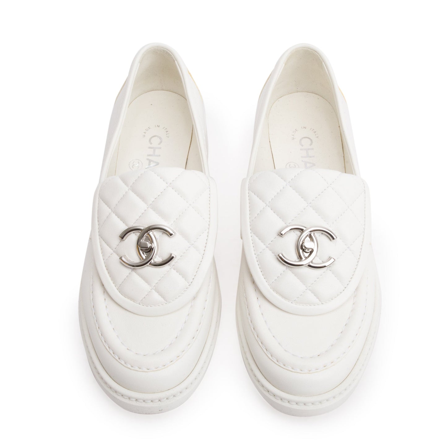 Chanel White Calfskin Leather Quilted CC Logo Loafer, Size 36