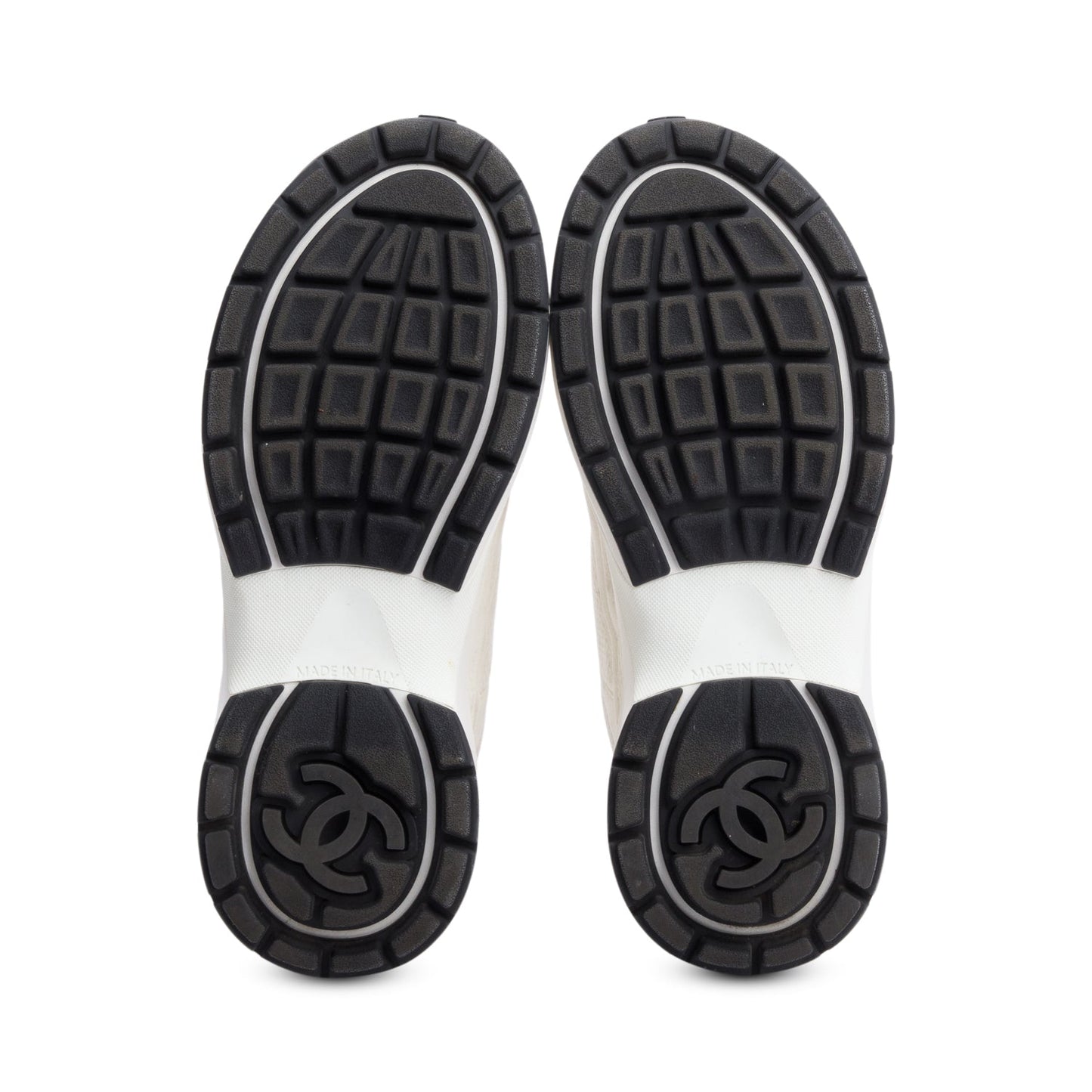 Chanel White Calfskin Nylon Suede CC Logo Sneakers, Size 35