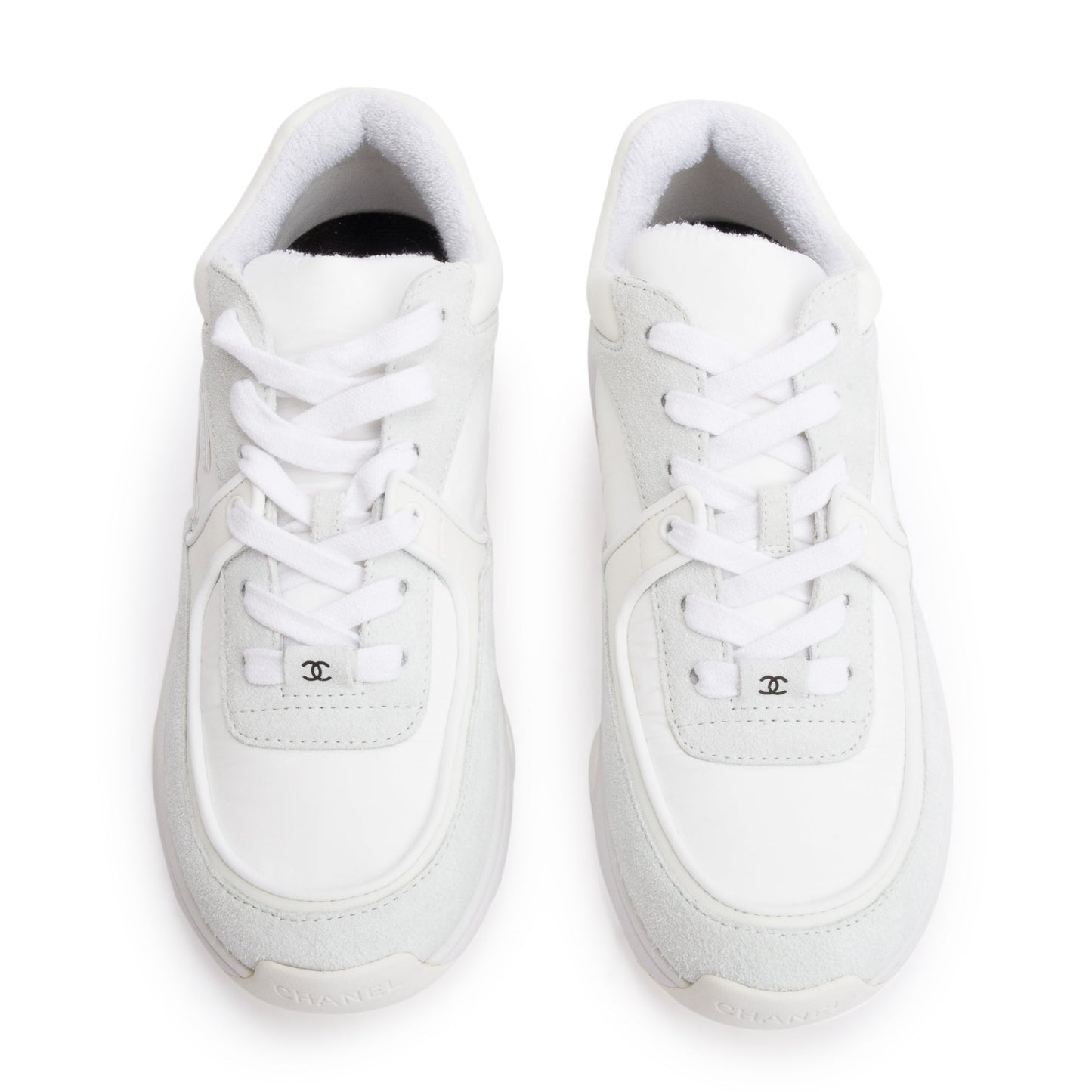 Chanel White Calfskin Nylon Suede CC Logo Sneakers, Size 37.5