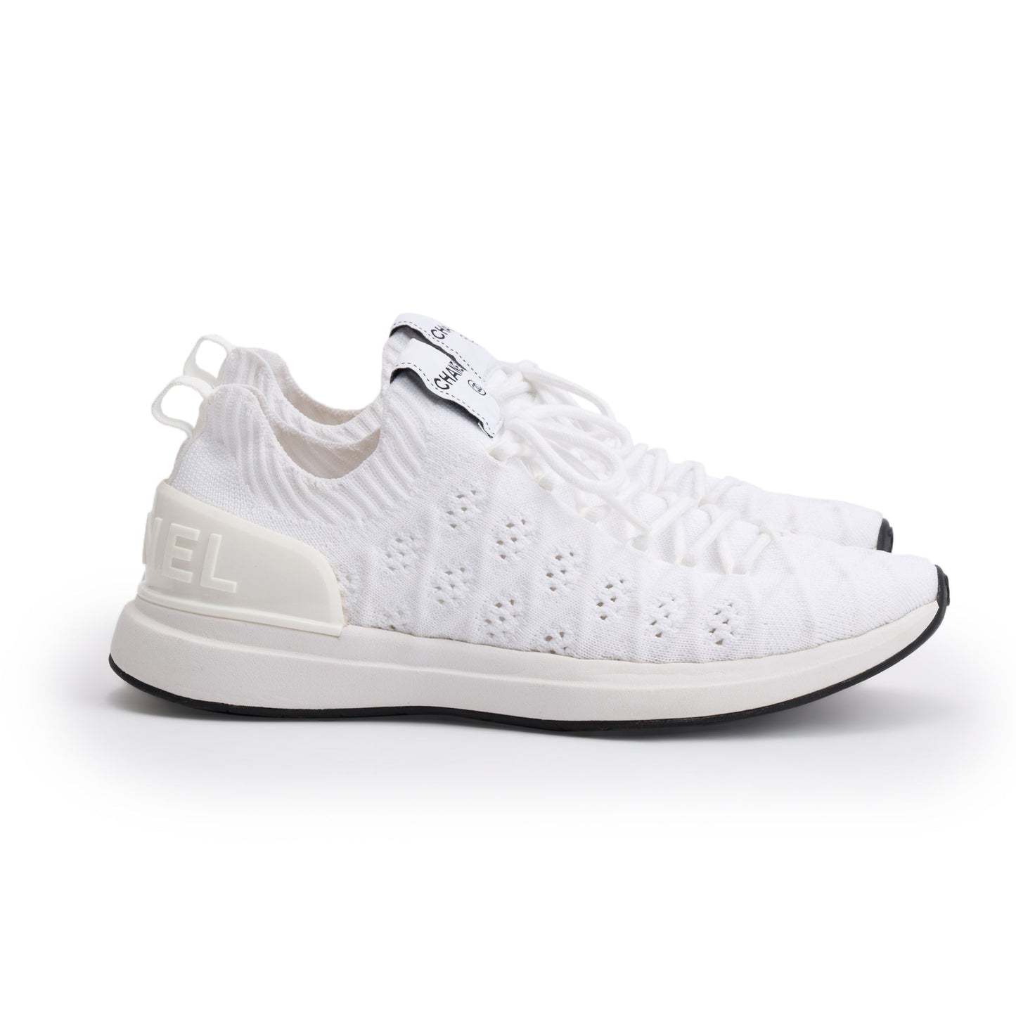 Chanel White Fabric Knit Sock Logo Sneakers, Size 37.5