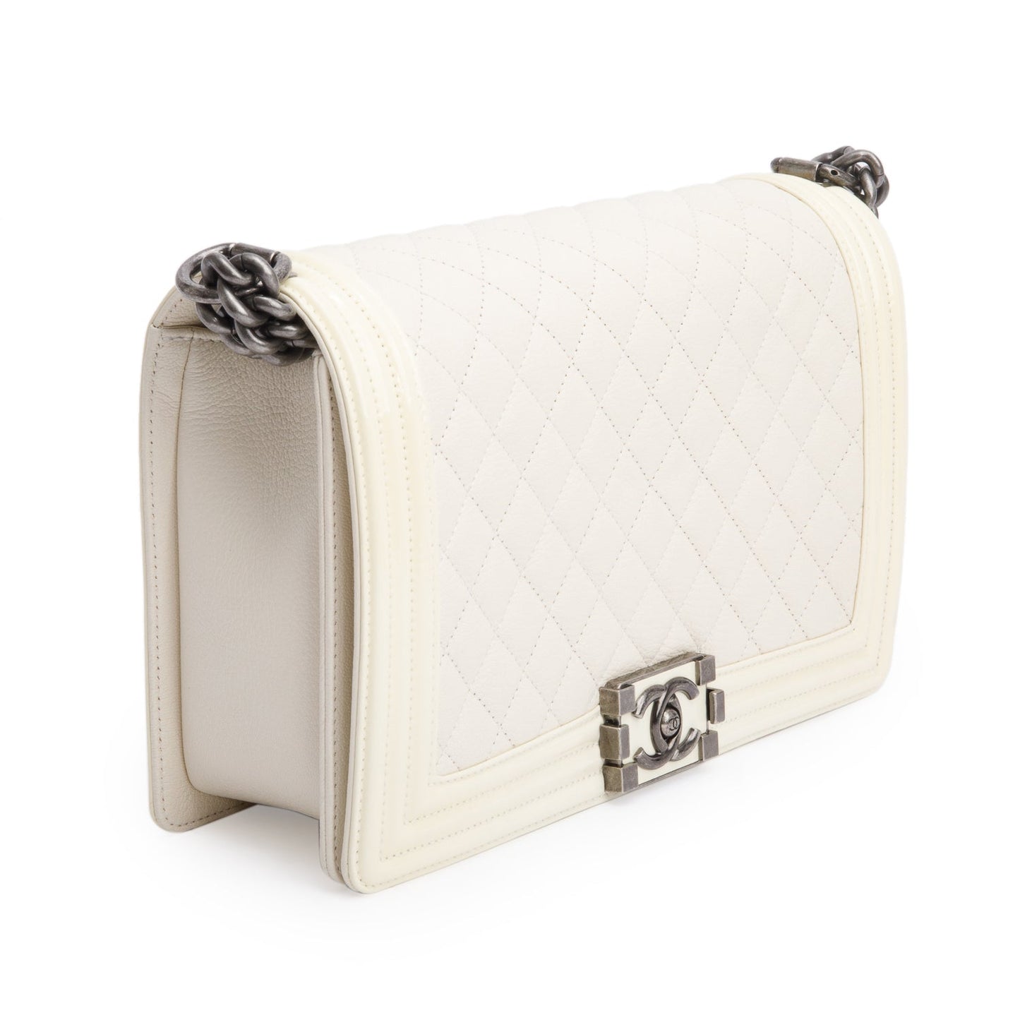 Chanel White Quilted Calfskin and Patent Leather Trim Large Boy Bag
