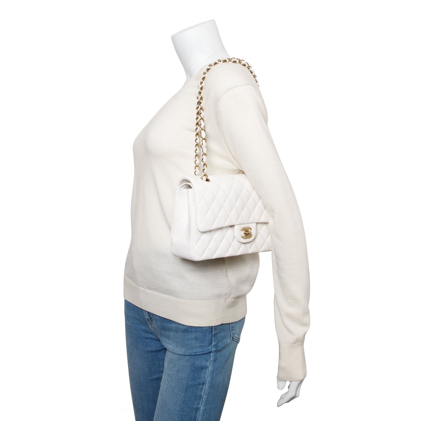 Chanel White Quilted Caviar Leather Classic Medium Double Flap Bag