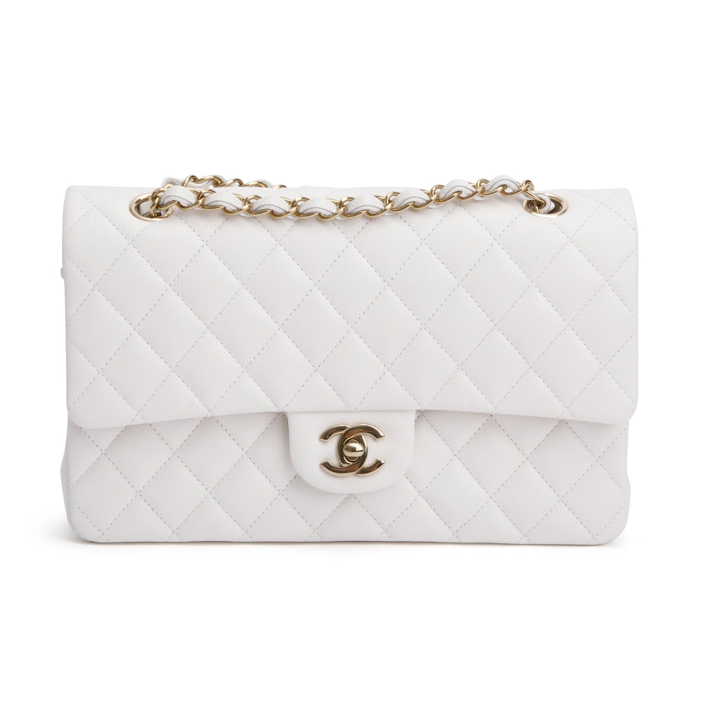 Chanel White Quilted Caviar Leather Classic Medium Double Flap Bag