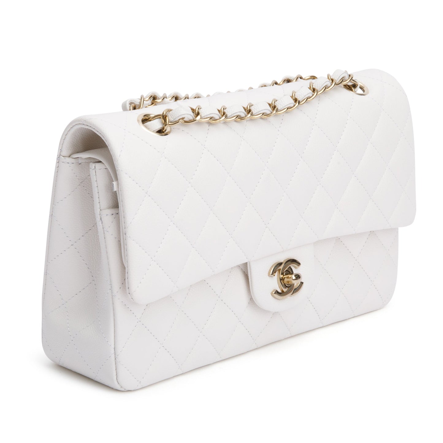 Chanel White Quilted Caviar Leather Classic Medium Double Flap Bag