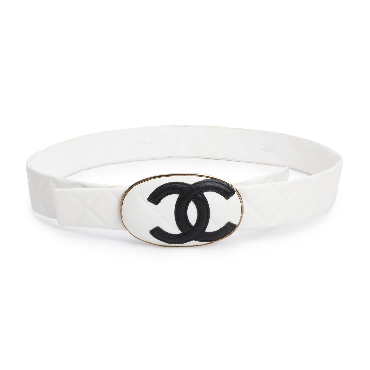 Chanel White Quilted Lambskin Leather Interlocking CC Logo Oval  Buckle Belt 80 38