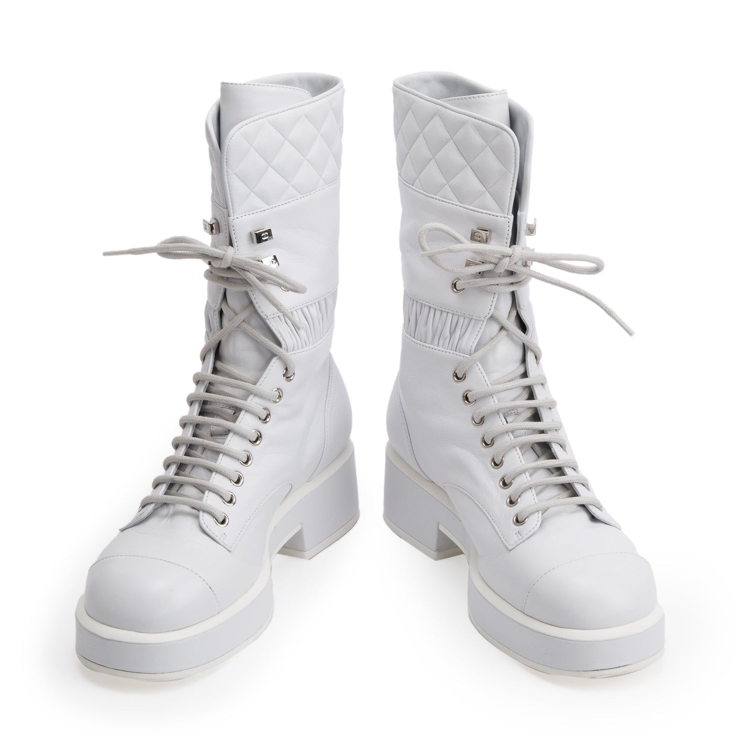 Chanel White Quilted Leather Interlocking CC Logo Combat Boots, Size 37