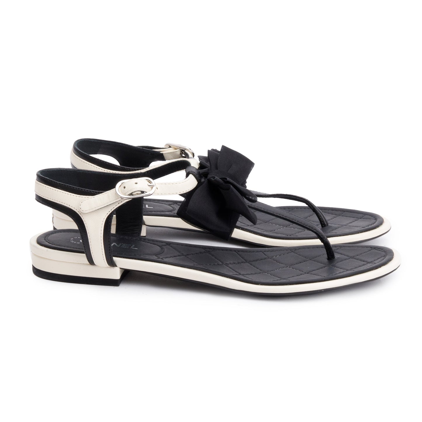 Chanel White/Black Leather Bow T-Strap Sandals, Size 36.5
