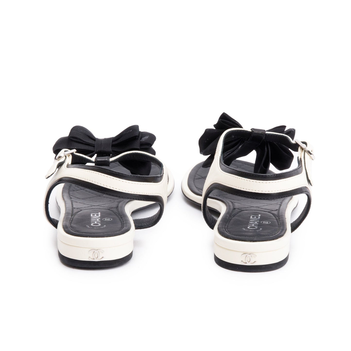 Chanel White/Black Leather Bow T-Strap Sandals, Size 36.5