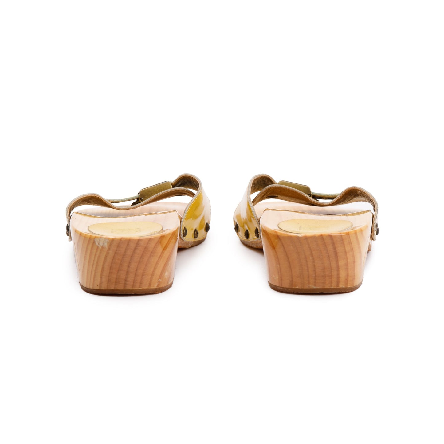 Chanel Wooden Yellow Patent Leather Interlocking CC Logo Clog Slides, Size 42