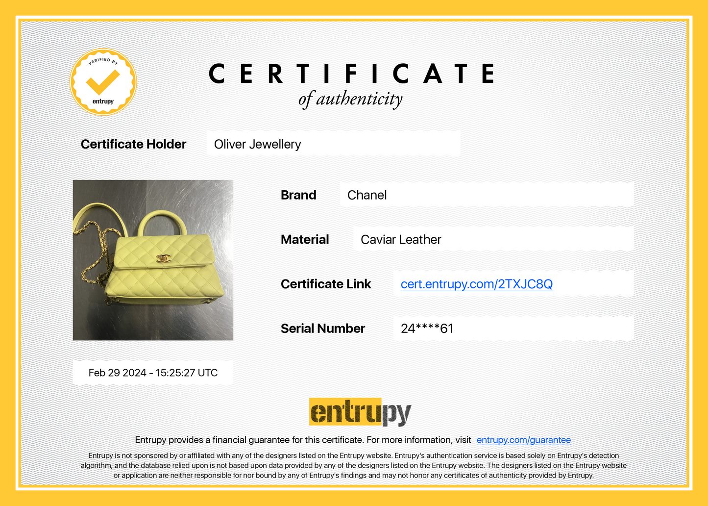 Chanel Yellow Quilted Caviar Leather Small Coco Handle Bag