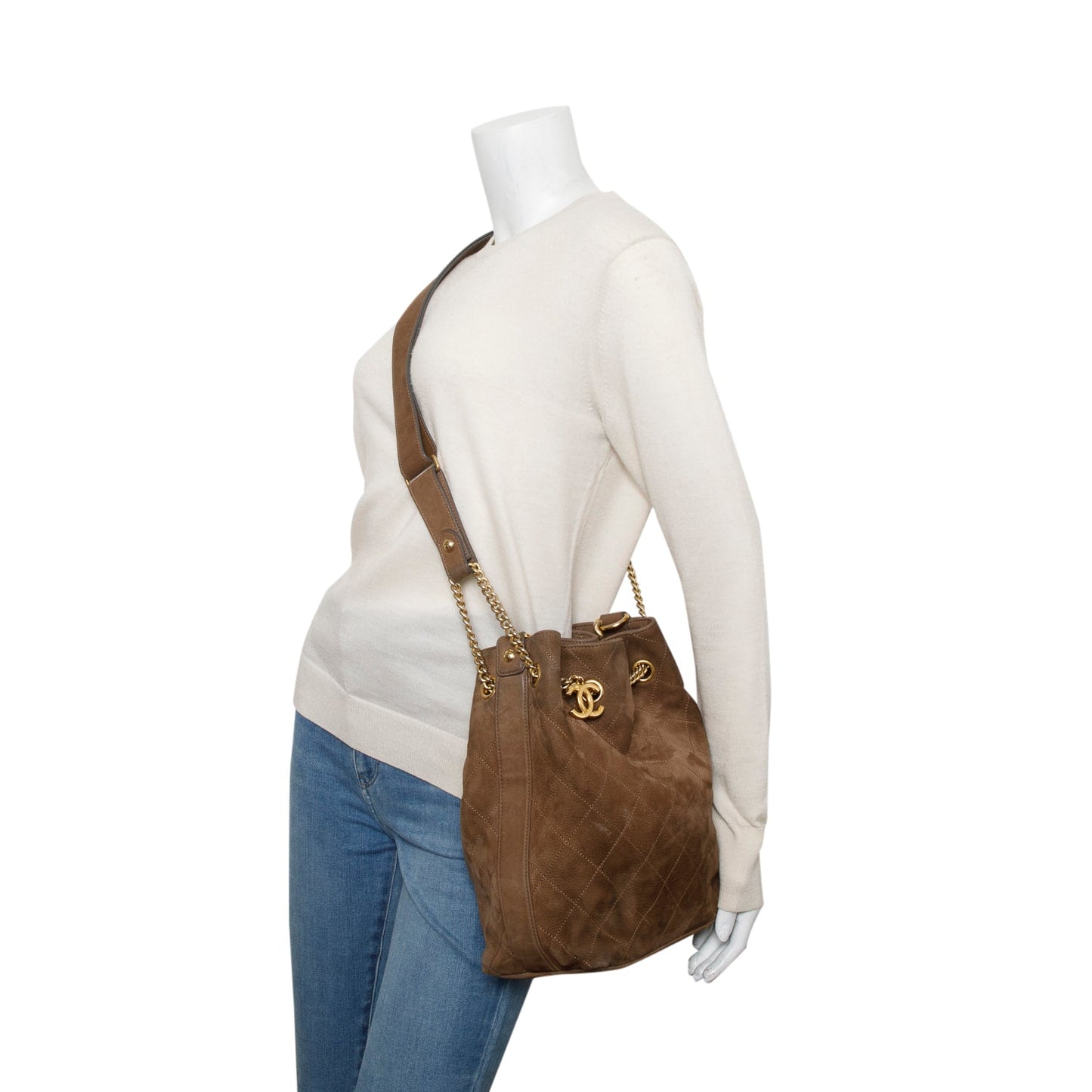 Chanel Brown Suede Quilted On My Shoulder Drawstring Bag