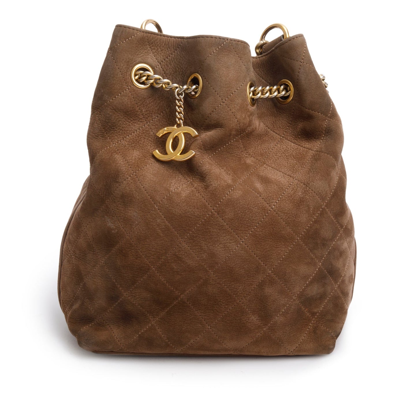 Chanel Brown Suede Quilted On My Shoulder Drawstring Bag