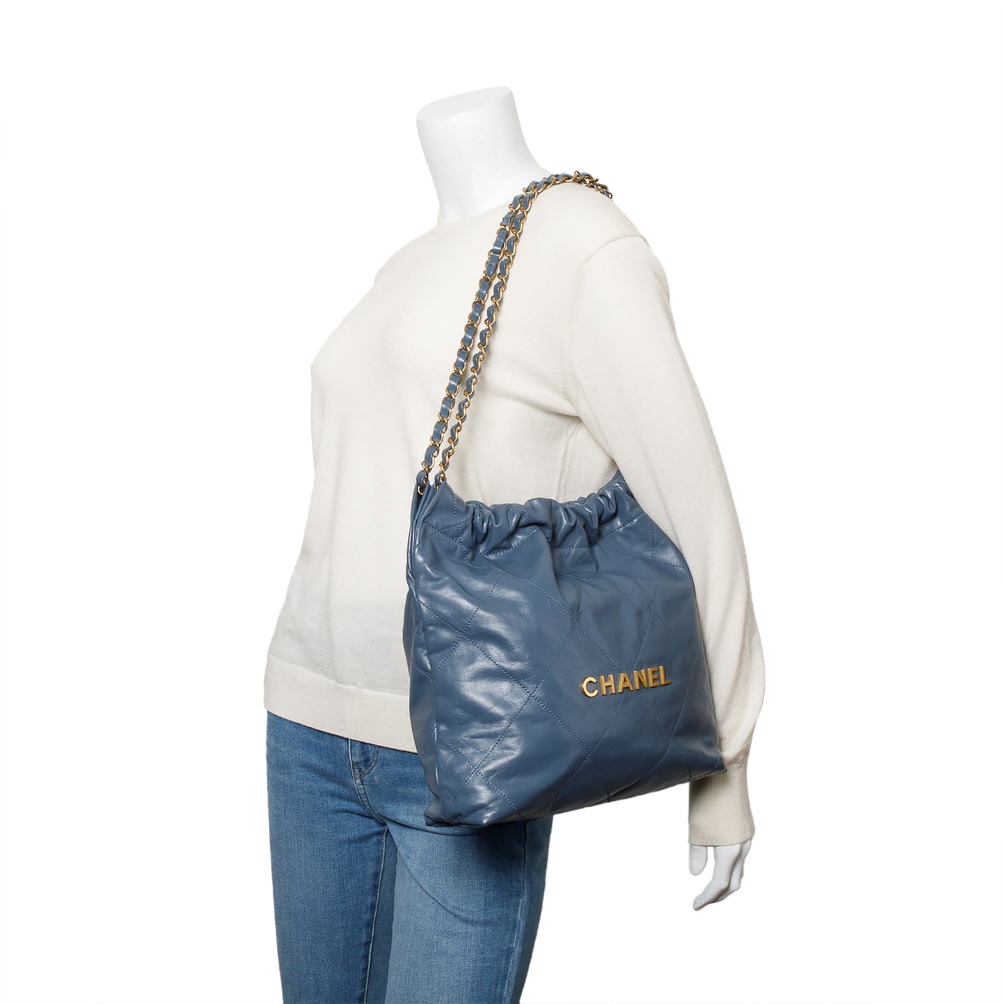 Chanel Blue Shiny Calfskin Leather Small Chanel 22 Hobo