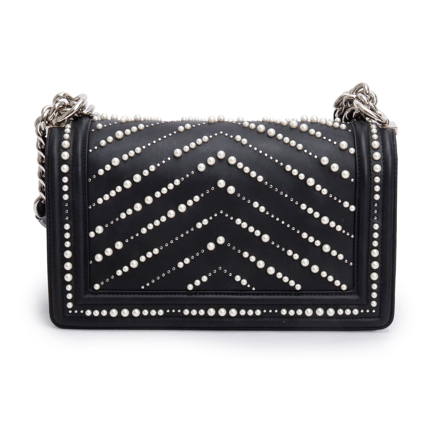 Chanel Black Calfskin Leather Medium Chevron Pearl Boy Bag