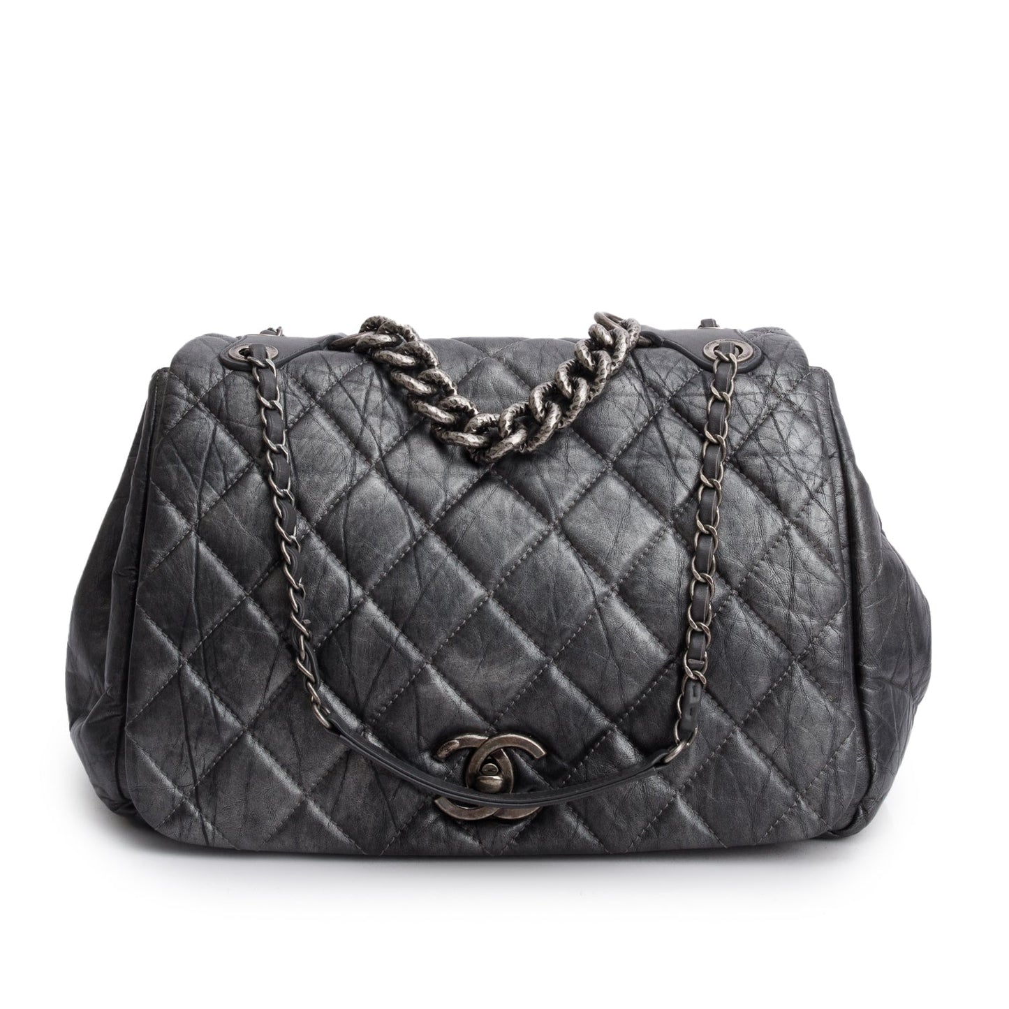 Chanel Metallic Silver Aged Calfskin Leather Large Pondicherry Flap Bag