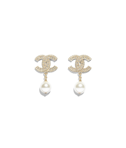 Chanel Gold Metal and Pearly White Crystal Earrings