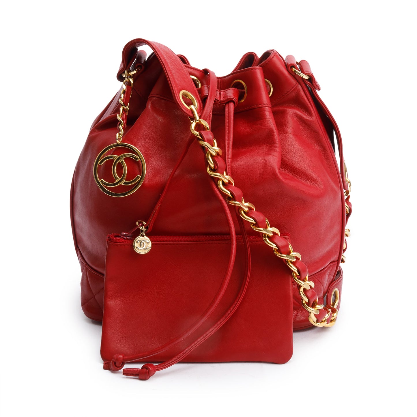 Chanel Red Lambskin Leather Quilted CC Bucket Bag