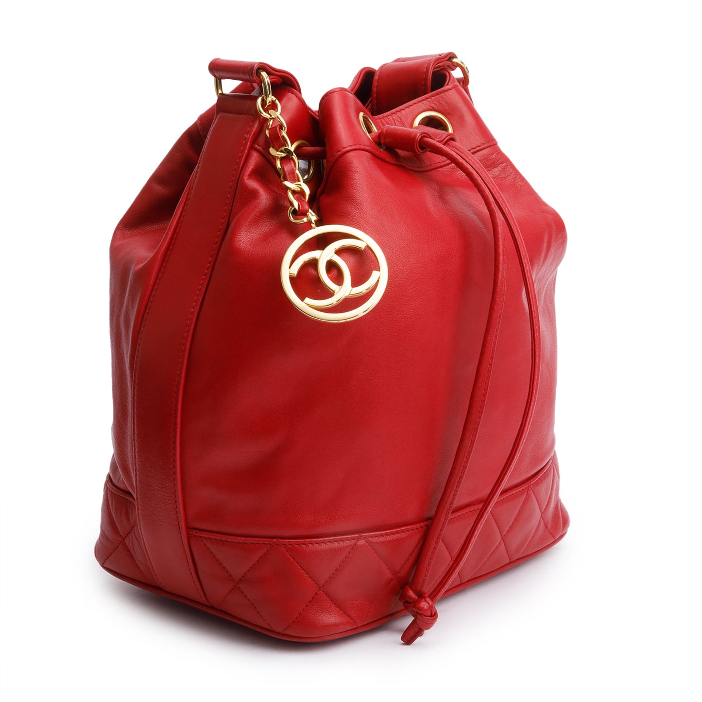 Chanel Red Lambskin Leather Quilted CC Bucket Bag