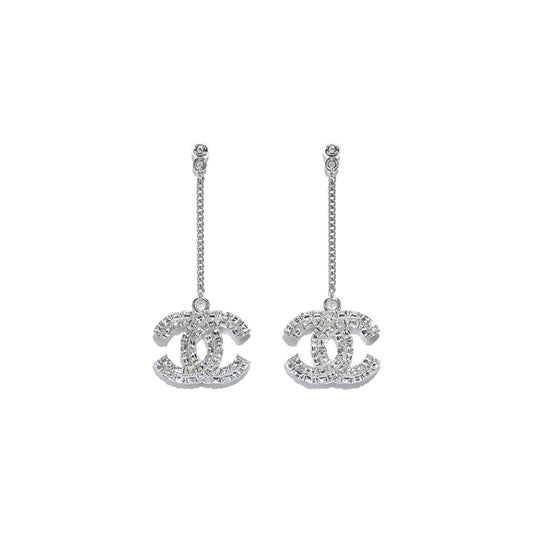 Chanel Silver Metal and Crystal Strass Dangling CC Earrings