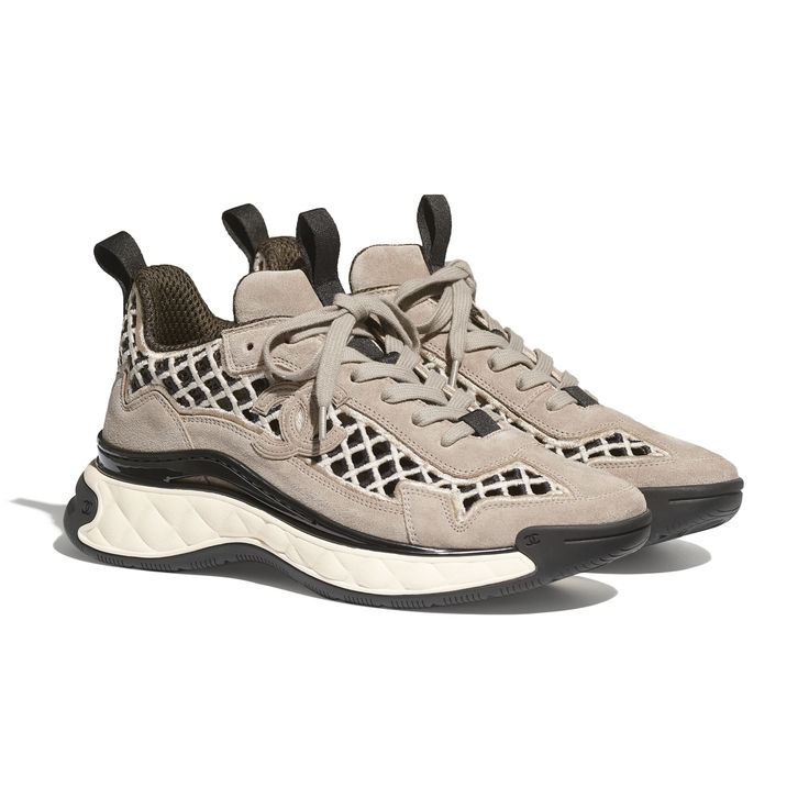 Chanel Suede Calfskin Embroidered Sneakers in Beige