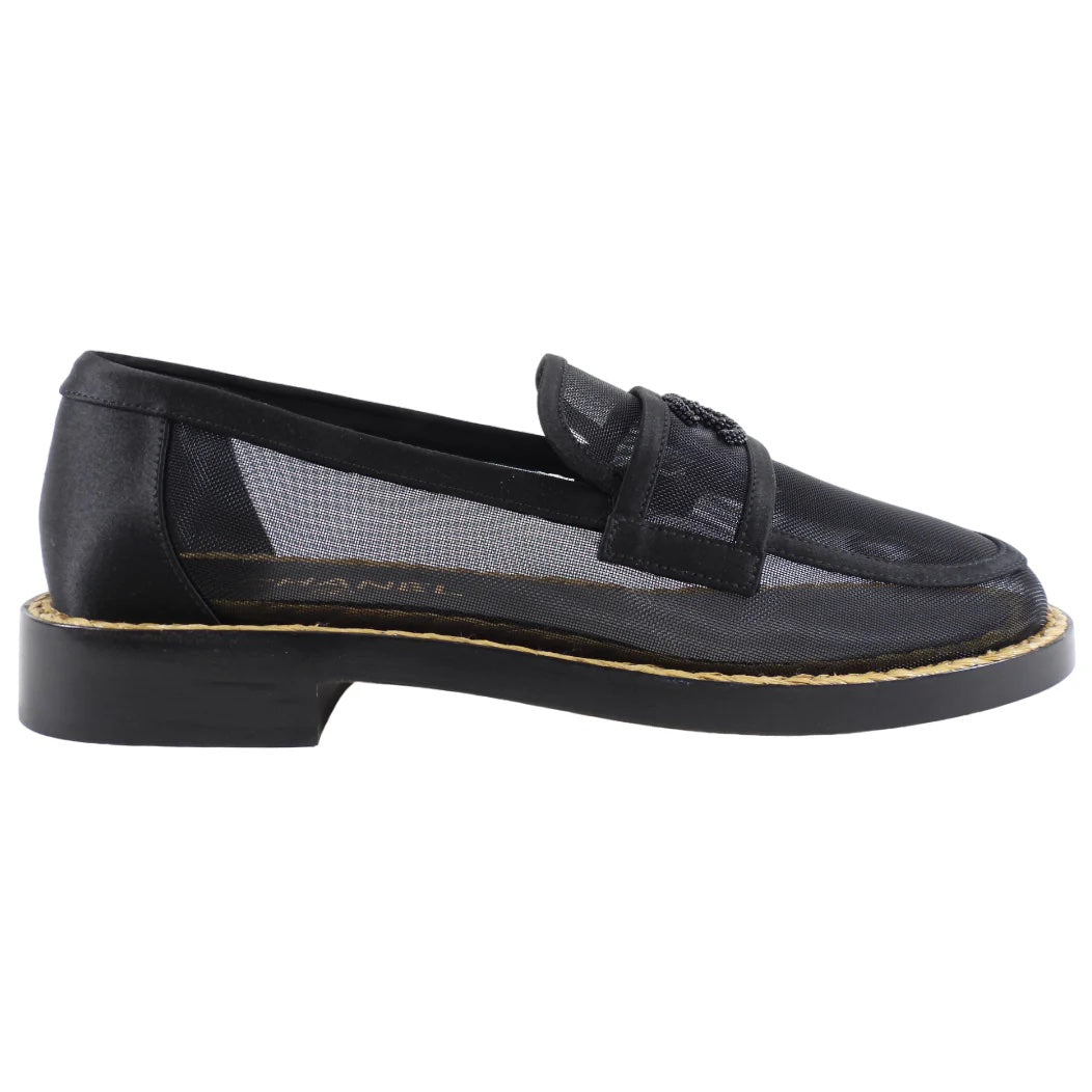 CHANEL MESH & SATIN BEADED CC SLIP-ON LOAFERS