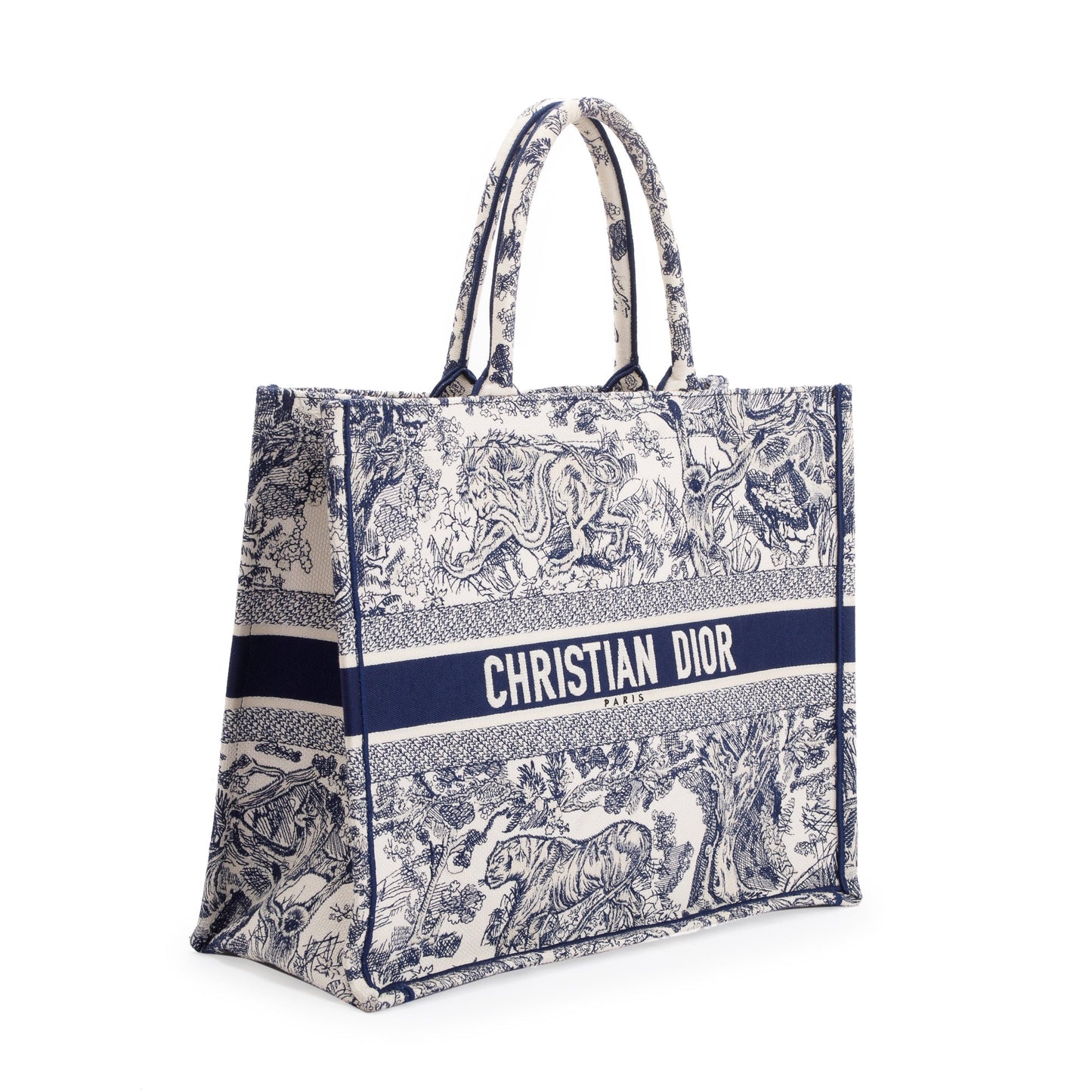 Christian Dior 2021 Large Ecru and Blue Toile de Jouy  Embroidery Canvas Book Tote