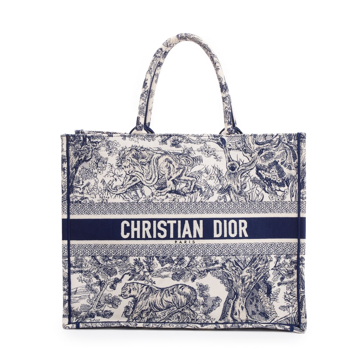 Christian Dior 2021 Large Ecru and Blue Toile de Jouy  Embroidery Canvas Book Tote