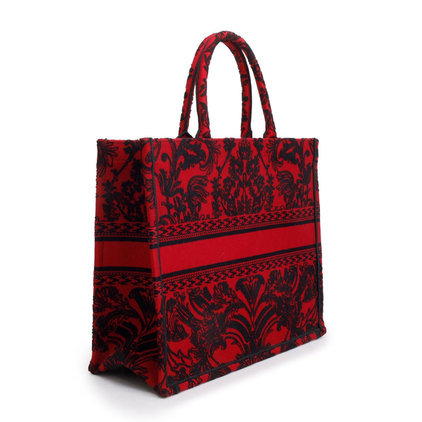 Christian Dior 2022 Large Red and Black Toile de Jouy Embroidery Canvas Book Tote