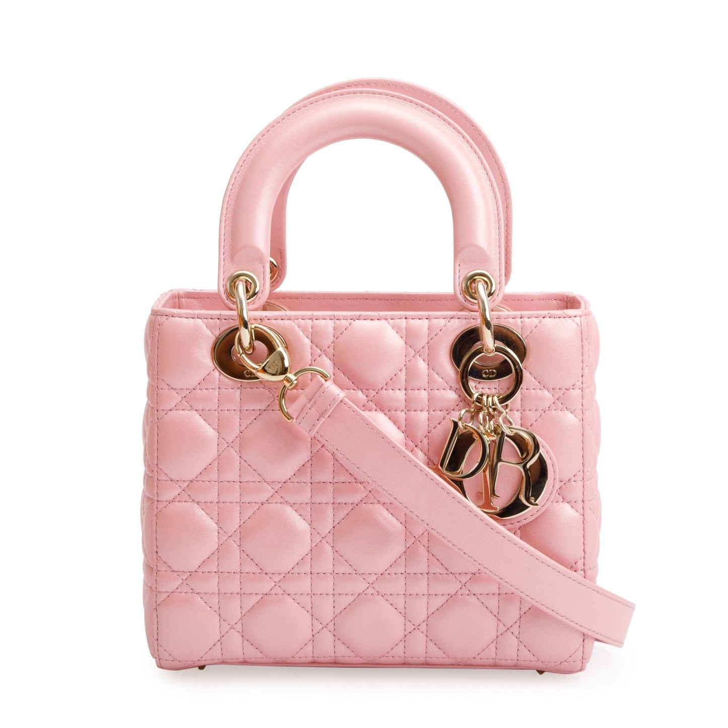 Christian Dior 2023 Pink Metallic Cannage Lambskin Leather Small Lady Dior Bag