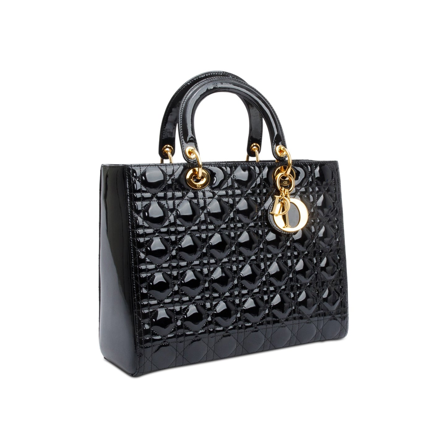 Christian Dior Black Cannage Patent Leather Large Lady Dior Bag