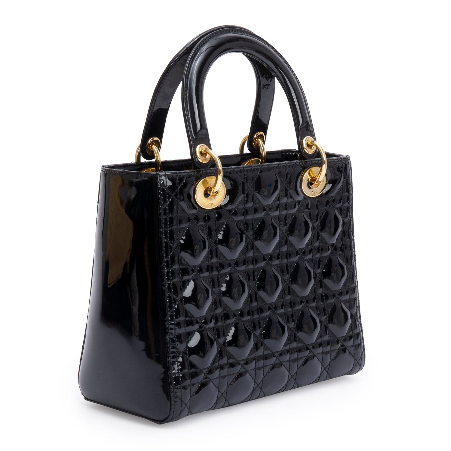 Christian Dior Black Cannage Patent Leather Medium Lady Dior Bag