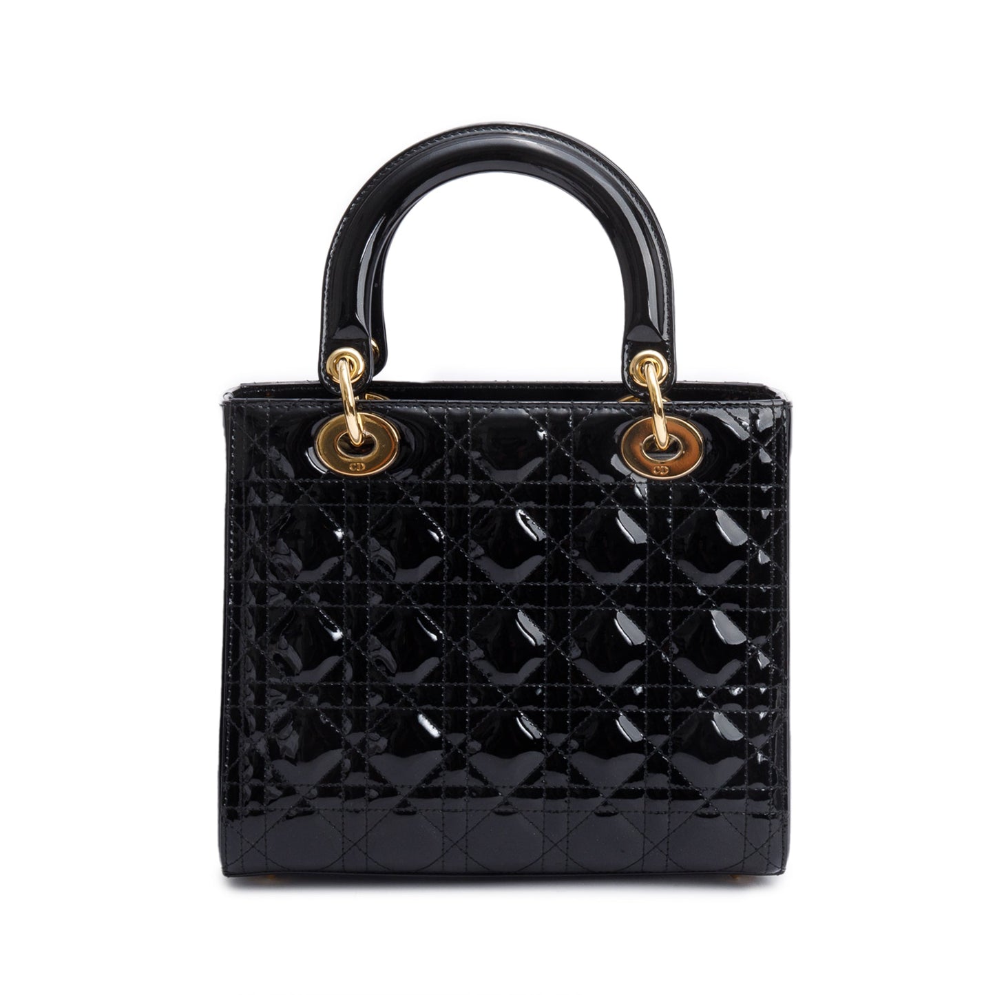 Christian Dior Black Cannage Patent Leather Medium Lady Dior Bag