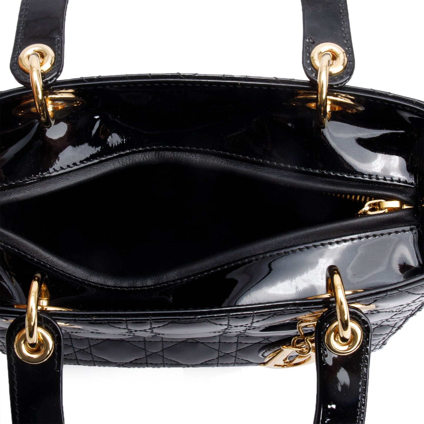 Christian Dior Black Cannage Patent Leather Medium Lady Dior Bag