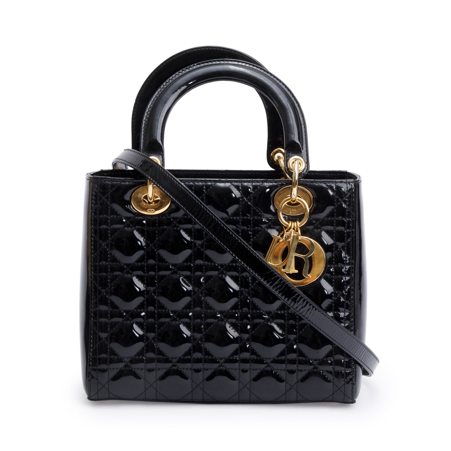 Christian Dior Black Cannage Patent Leather Medium Lady Dior Bag