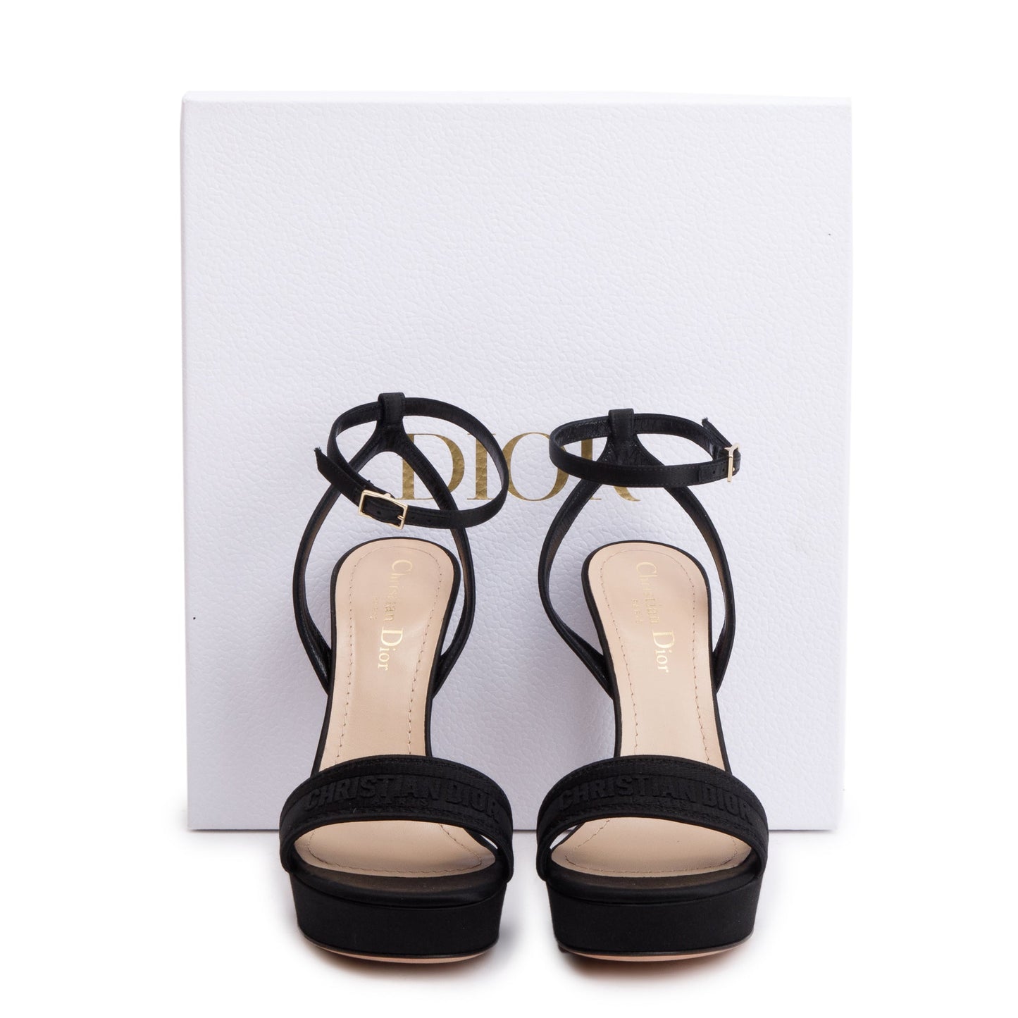 Christian Dior Black Embroidered Satin Lambskin Leather Dway Heeled Sandals, Size 37
