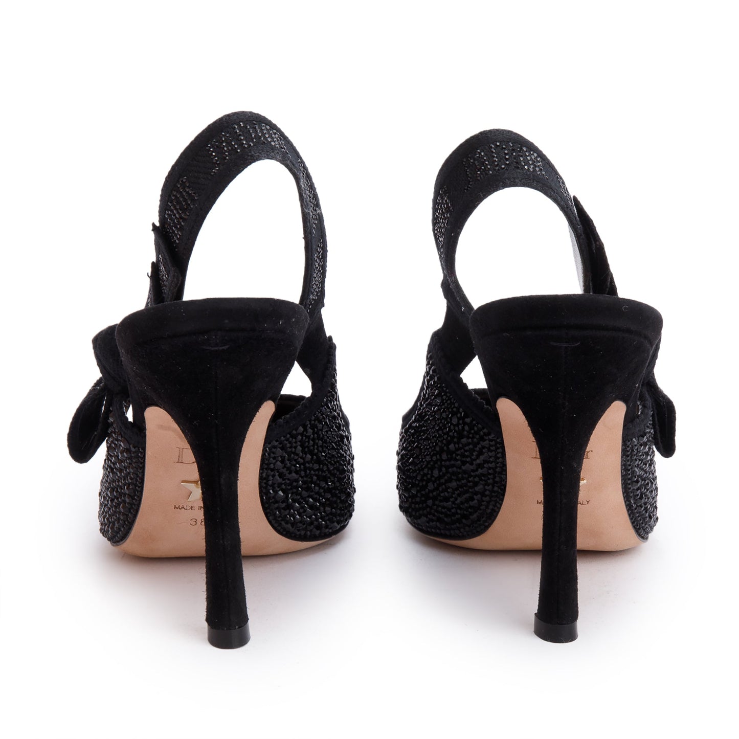 Christian Dior Black Leather Crystal Embellished J'Adior Slingback Pumps, Size 38