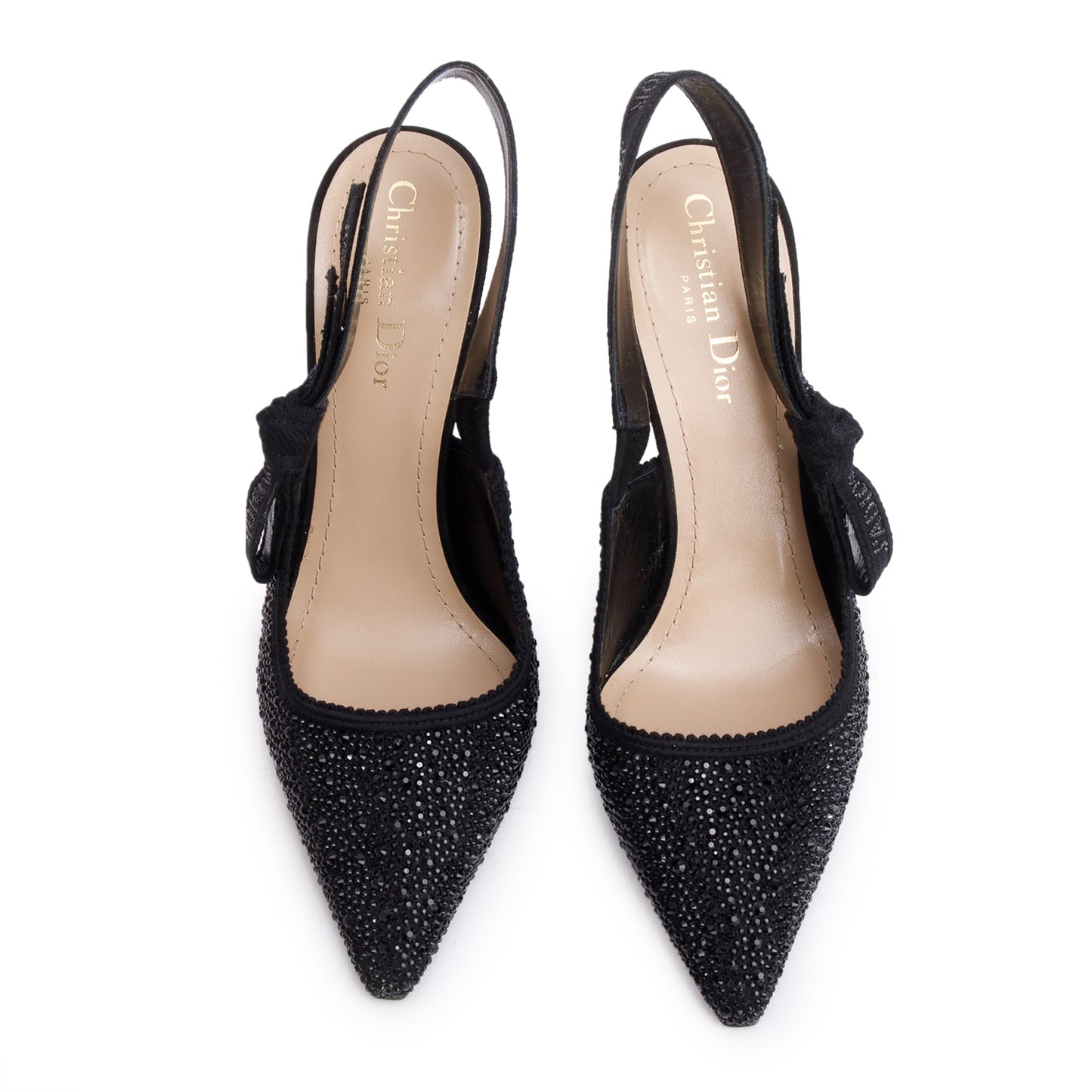 Christian Dior Black Leather Crystal Embellished J'Adior Slingback Pumps, Size 38