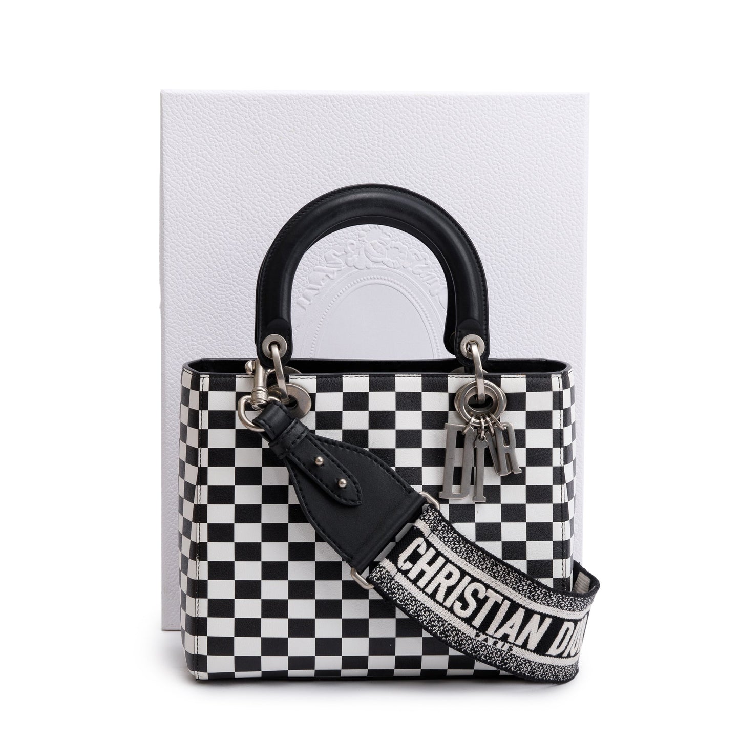 Christian Dior Black & White Check Print Leather Medium Lady Dior Bag