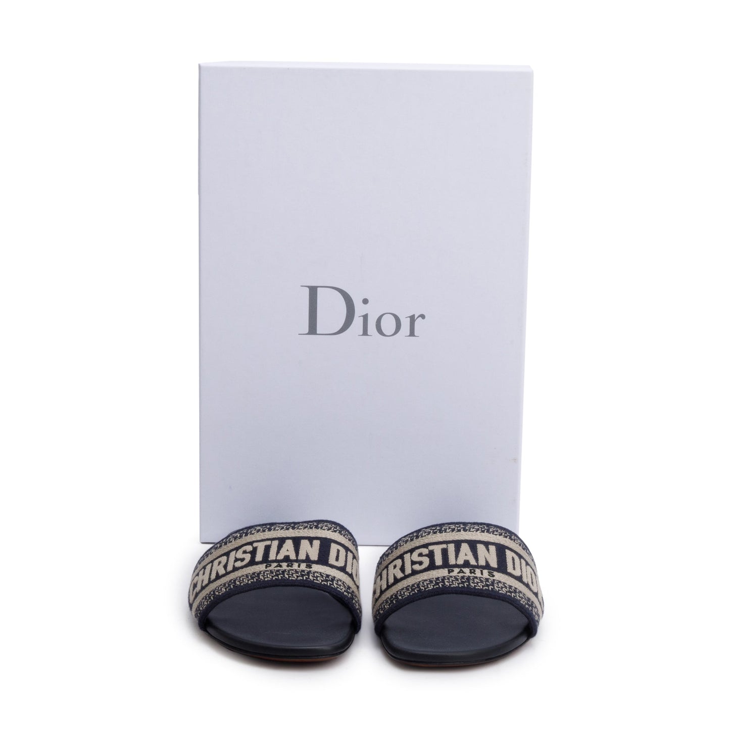 Christian Dior Deep Blue Embroidered Cotton Dway Slide, Size 37.5