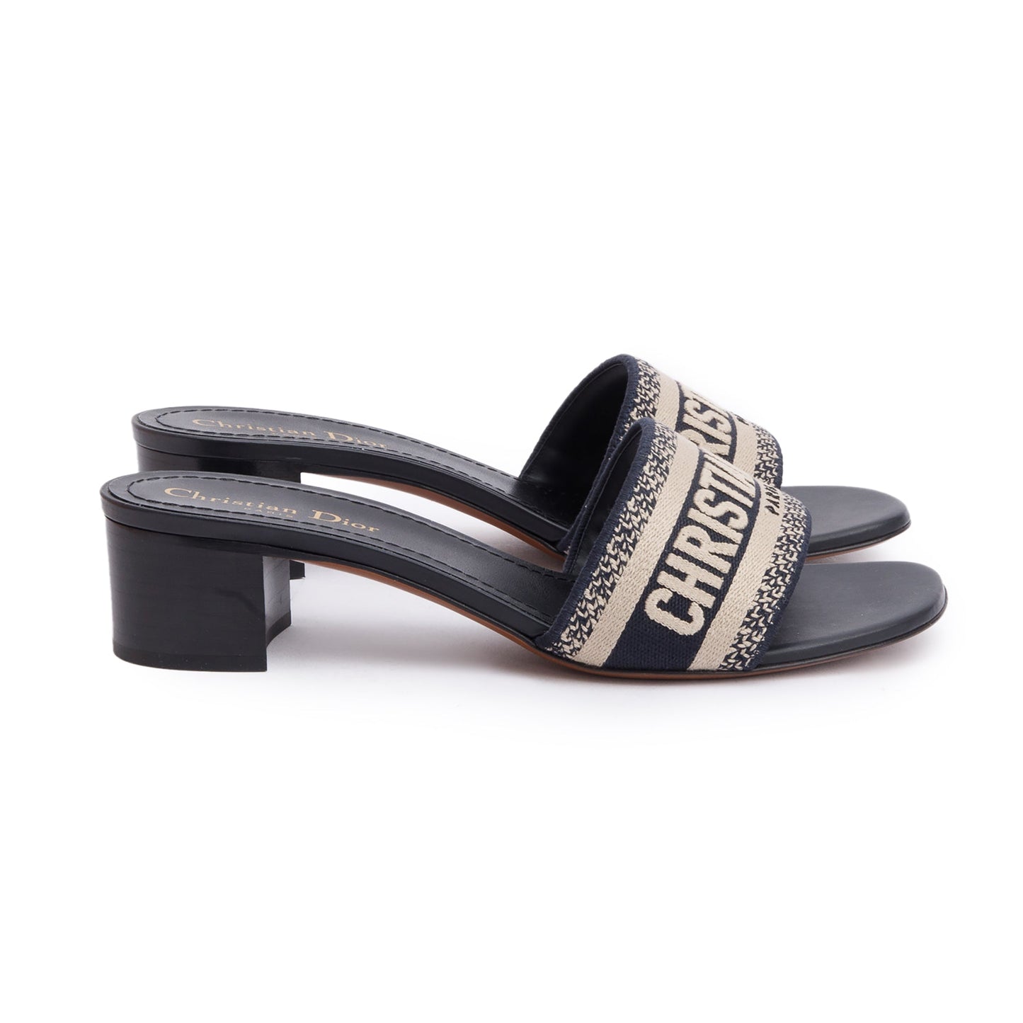Christian Dior Deep Blue Embroidered Cotton Heeled Dway Slide, Size 39