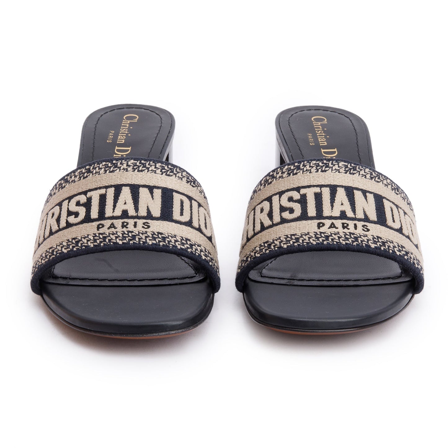 Christian Dior Deep Blue Embroidered Cotton Heeled Dway Slide, Size 39